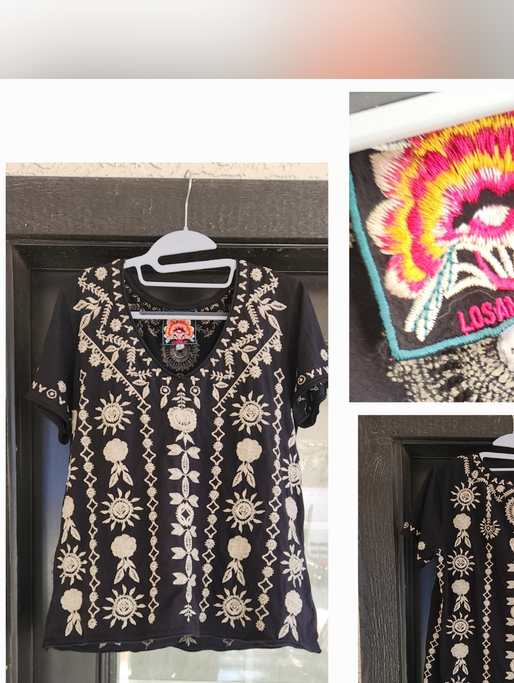 Johnny Was  Embroidered Black Top with Cream Floral Motif - Picture 3 of 4